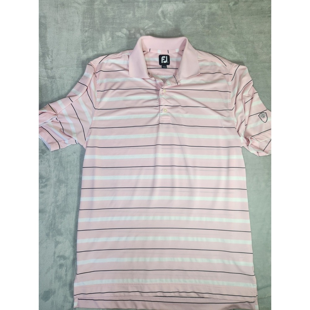 Footjoy Polo Shirt Men's Medium Pink White Striped Performance Golf Stretch Logo
